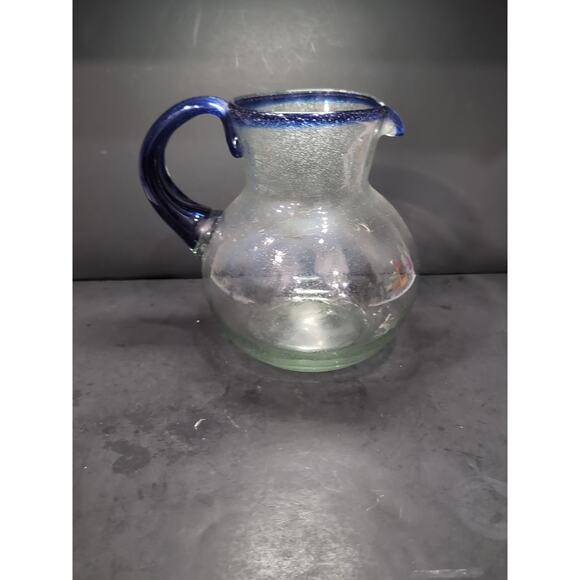 Mexican Hand Blown Glass Pitcher, Cobalt Blue Rim, 160 Oz Bubble Pitcher - Picture 3 of 10